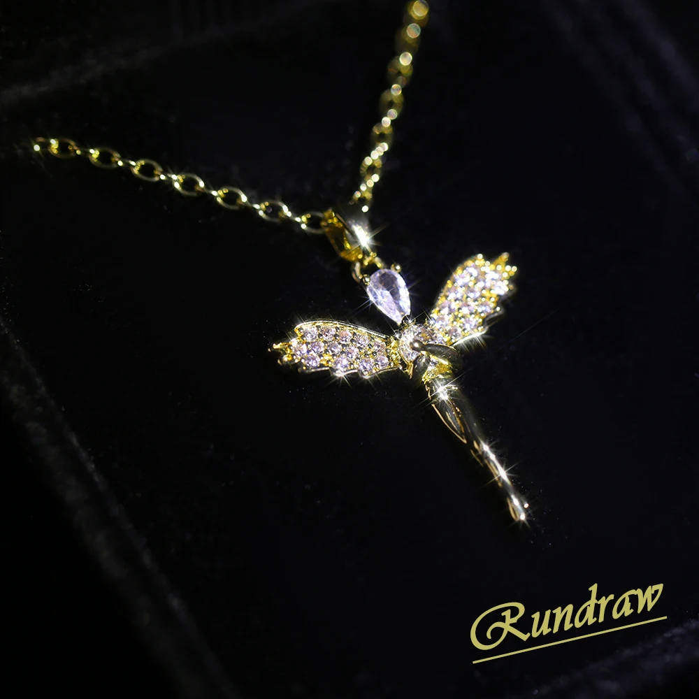 

Rundraw Luxury Angel Wing Pendant Neackalce For Women Hollow Out Square Sparkling Crystal Female Wedding Neck Jewelry Gift