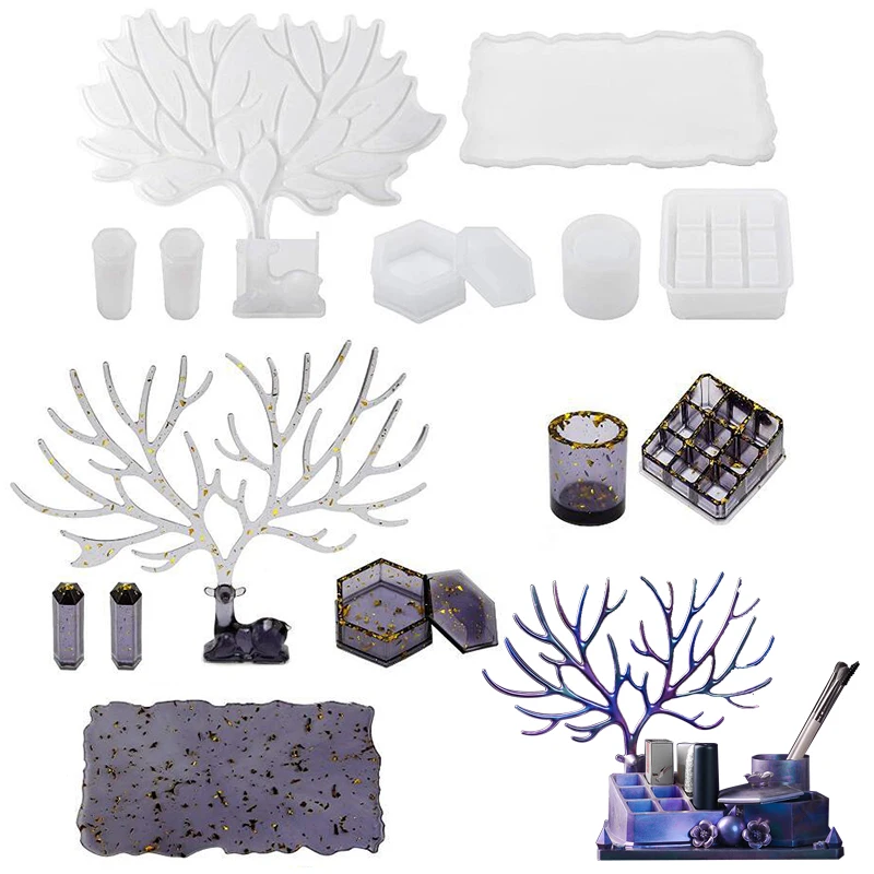 

Crystal Epoxy Resin Molds Deer Makeup Jewelry Display Tray Silicone Mould 9-Slot Lipstick Organizer Pen Holder Mold