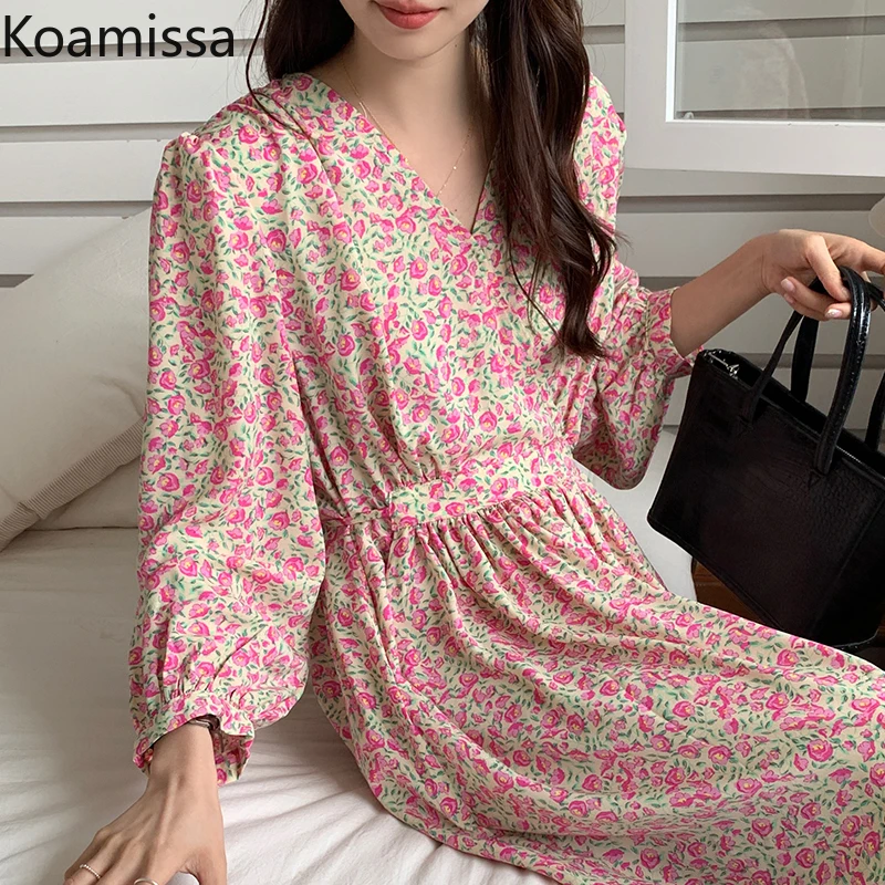 Koamissa Sweet Women Spring Flower Maxi Dress Long Sleeves V Neck A Line Dresses Lady Chic Korean 2022 New Chiffon Vestidos