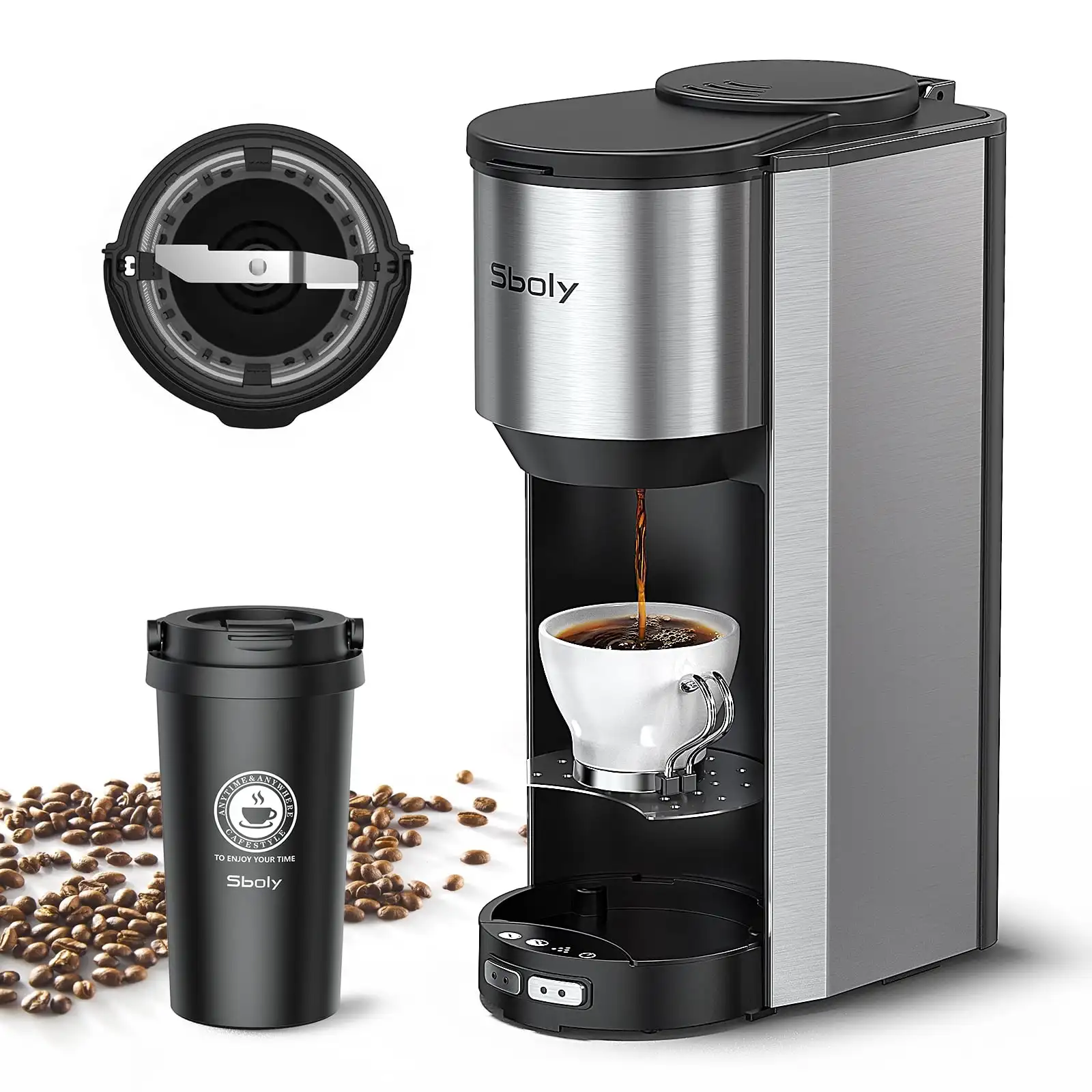 

Coffee & Espresso Machine Single-Serve Coffeemaker Grinding and brewing in one With Mug, Black