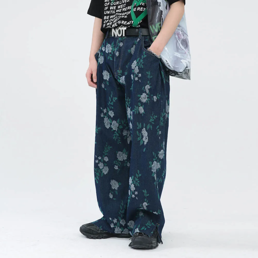 

Men Korean Jacquard Design Ins Fashion Flower Fashion Loose Casual Wide Leg Denim Jeans Male Streetwear Hip Hop Jeans Trousers