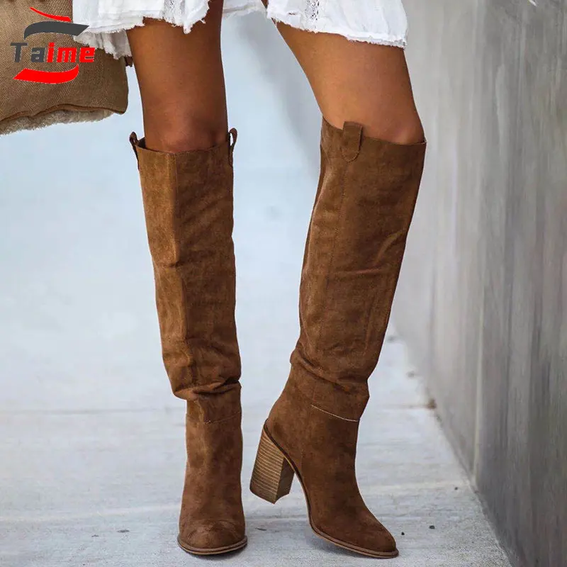 

Long Boots Women Winter Brown Suede Pointed Toe Cuissarde Bota Cano Longo Feminina Western Boots Botas Altas Mujer Largas Cowboy