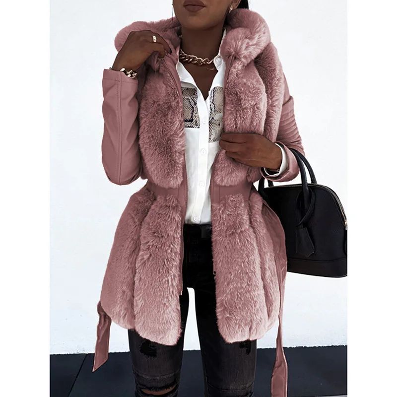 Warm Rabbit Faux Fur Parkas Female Coats Women Fashion Slim Hooded Jackets Winter Women Elegant Tie Belt Leather Fur Coats