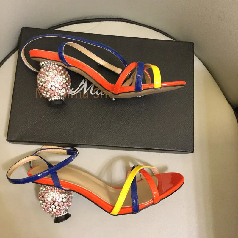 2023 Summer New The One Word Buckle High Heels Crystal Inlaid Cylindrical Rhinestone Heel Sandals Women Princess Shoes Ladies