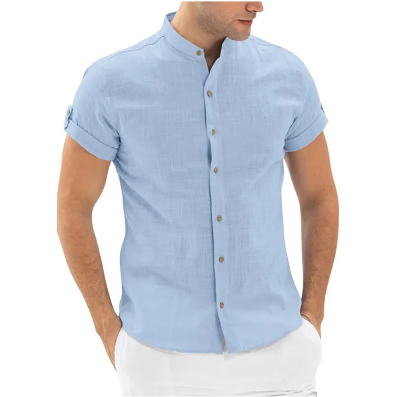Men's Short Sleeve Cotton Linen Shirts Stand Collar Straight Slim Top Casual Summer Cool Shirts Korean Clothes  Oversized Shirt