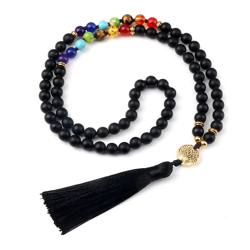 

Ожерелье из натурального черного матового камня 6 мм/8 мм для мужчин 7 чакр, узелковое ожерелье из бисера Japamala с кисточкой, ожерелье с жизненн...