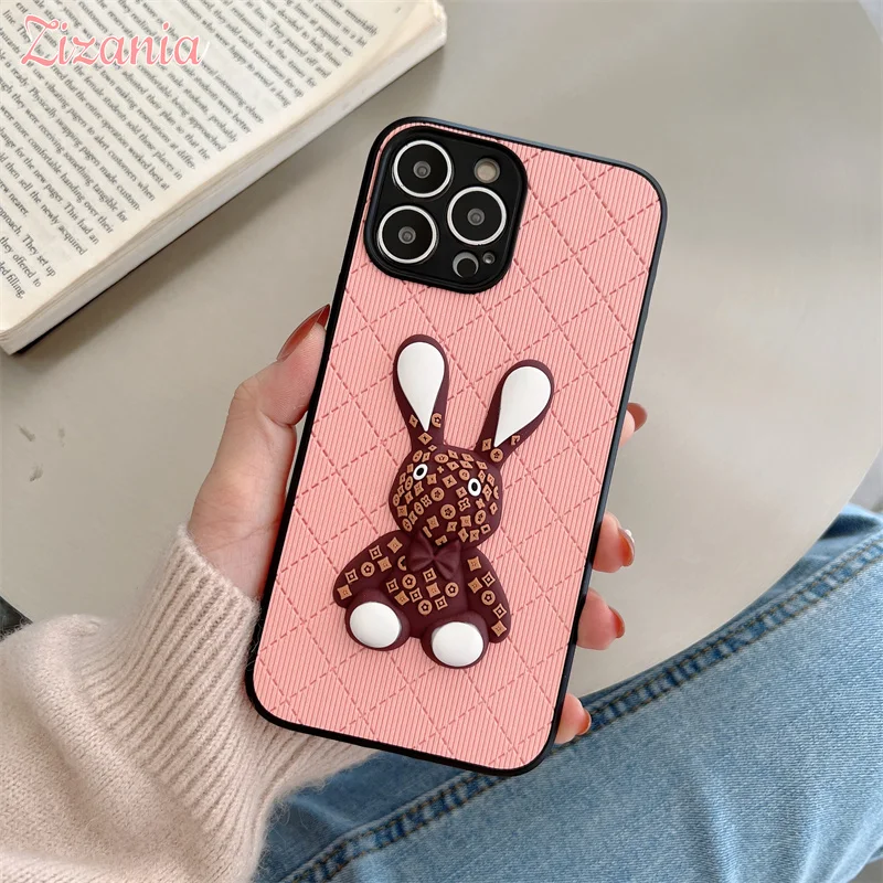 

Lovely Cute Fashion Lingge Classic Pattern Rabbit Phone Case For iPhone 13 12 11 Pro XS Max X XR 8 7 Plus Shockproof Cover Girl