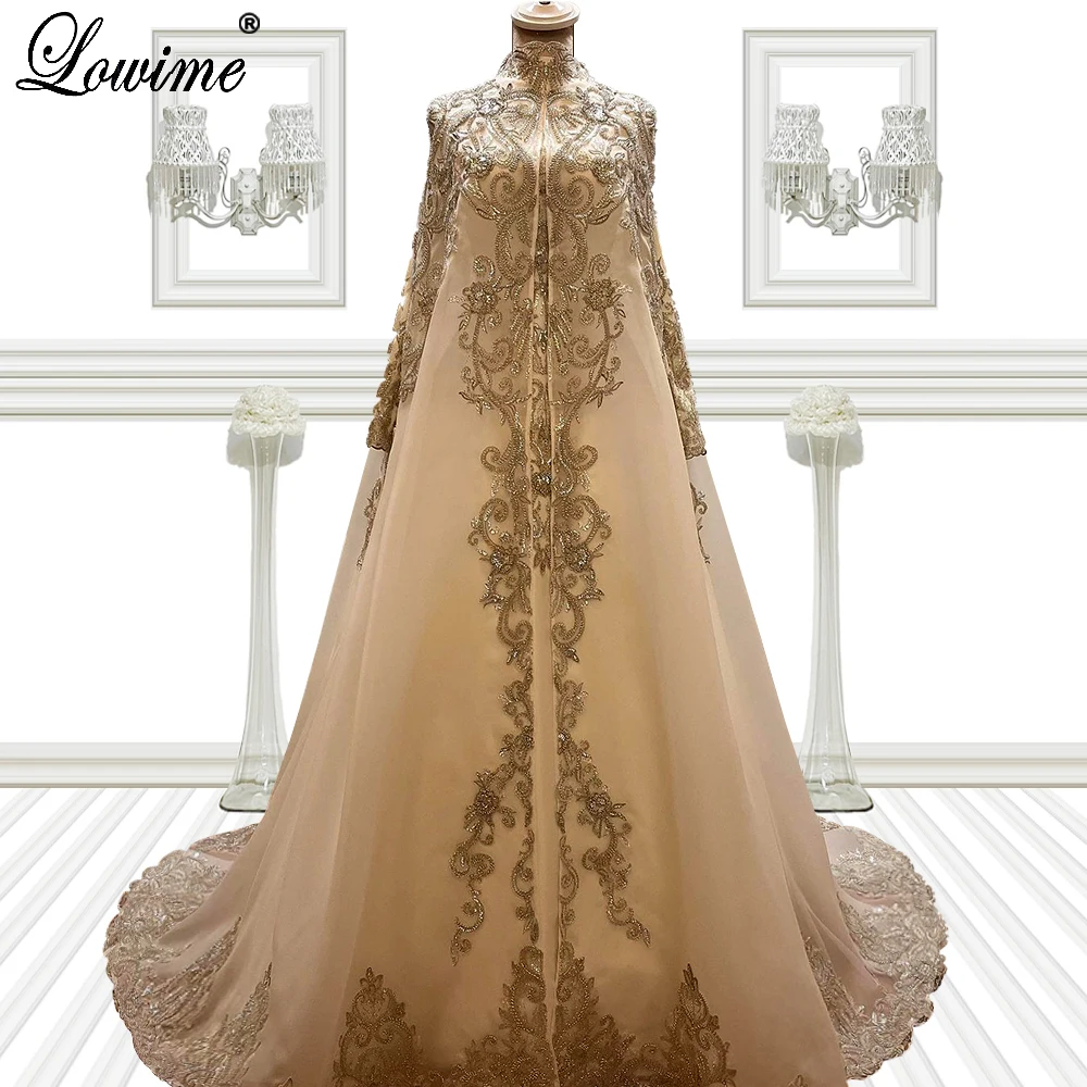 

Middle East Muslim Celebrity Dresses With A Cape Dubai High Neck Evening Dresses With Appliques Arabic Wedding Party Dresses