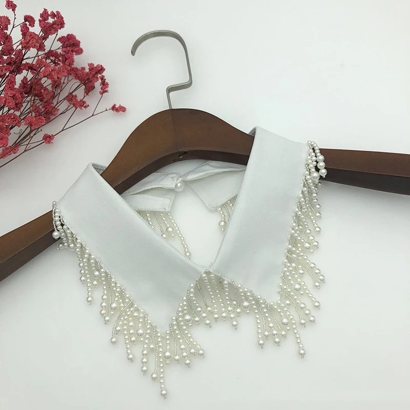 

Women White Fake Collar Handmade Beads Detachable Solid Color Shirt False Collar Blouse Top Women Neckwear Decor