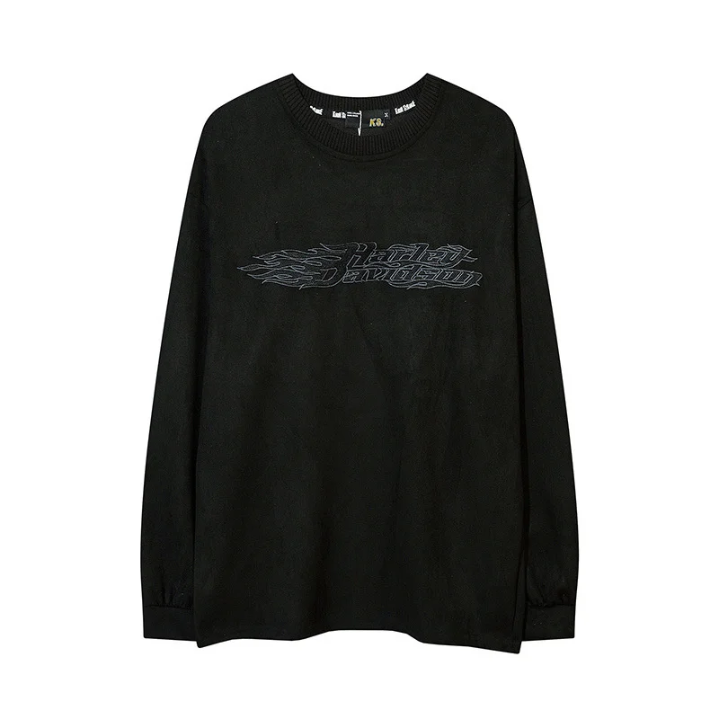 

Vintage High Street Suede Round Neck Sweater for Men and Women Ins Street Fashion Brand Letter Embroidery Long Sleeve T-shirt
