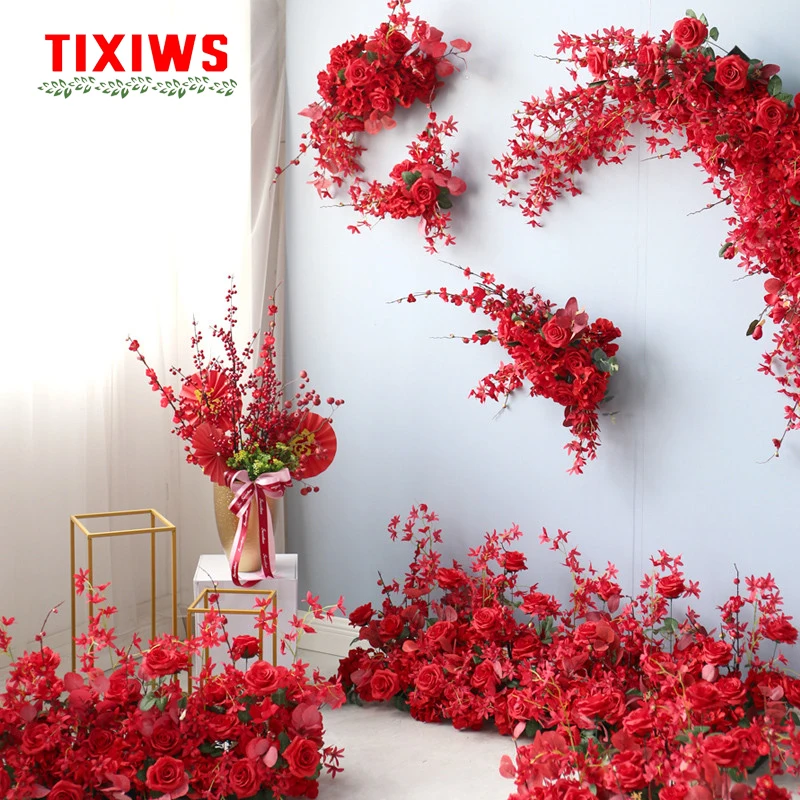 

Angepasst Chinese Red Floral Hochzeit Straße Führen Kombination Künstliche Blume Anordnung Home Party Hintergrund Dekor Blume