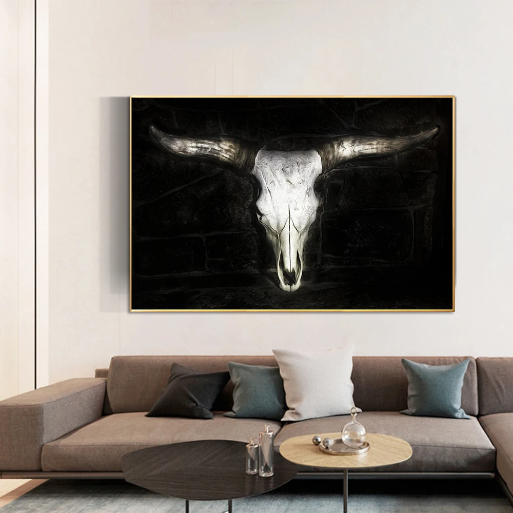 

Bull Skull Photo Canvas Print Wild Life Wall Art Poster Black And White Animal Picture For Gift Living Room Home Decor Cuadros