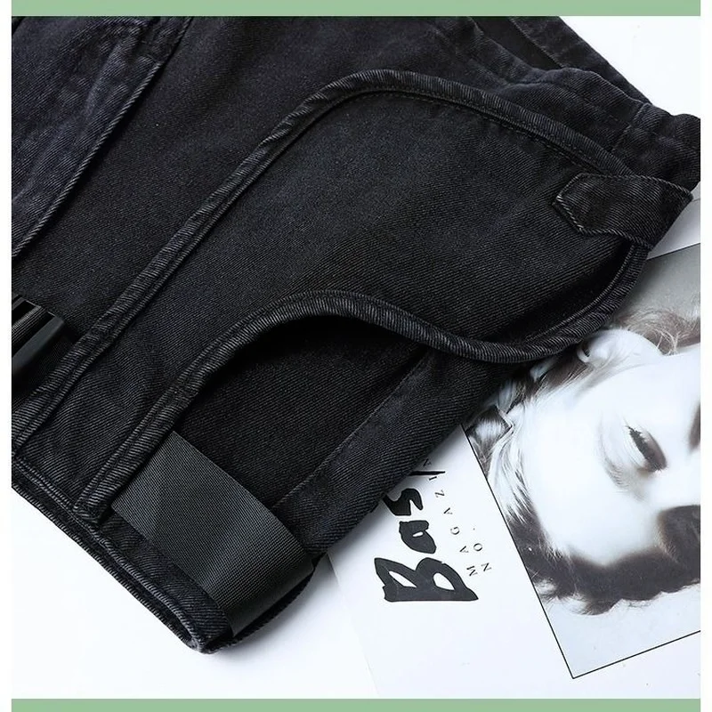 2021 High-waisted Pocket Loose A-word Hot Short Jeans Black Denim Shorts with Belt Women's Casual Personality Streetwear Fashion