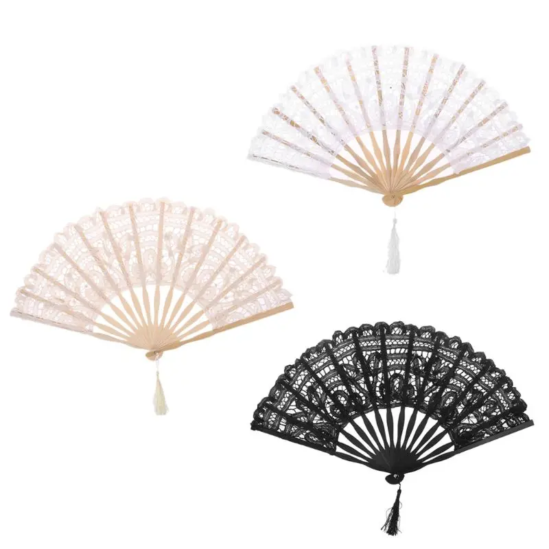 

New Lady Handmade Cotton Parasol Lace Hand Folding Fan Bridal Wedding Party Gift