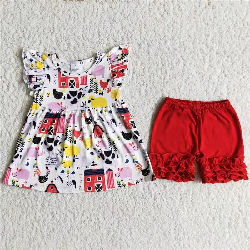 

wholesale organic cotton baby girl outfit toddler set two piece baby clothing set flutter sleeve t shirt top and red shorts