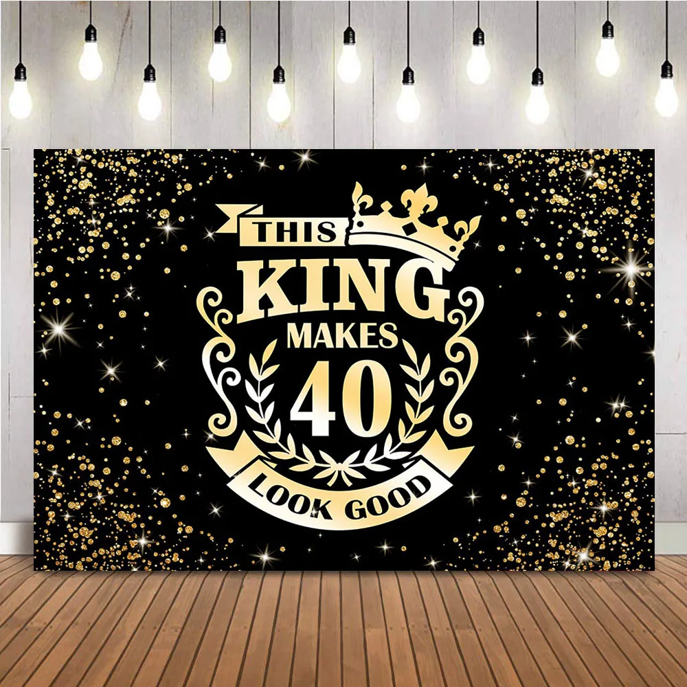 

Forty Birthday Background Gold Glitter Shining Dots Photo Booth Backdrop Boy Black 40th Birthday Golden Crown Decoration Banner