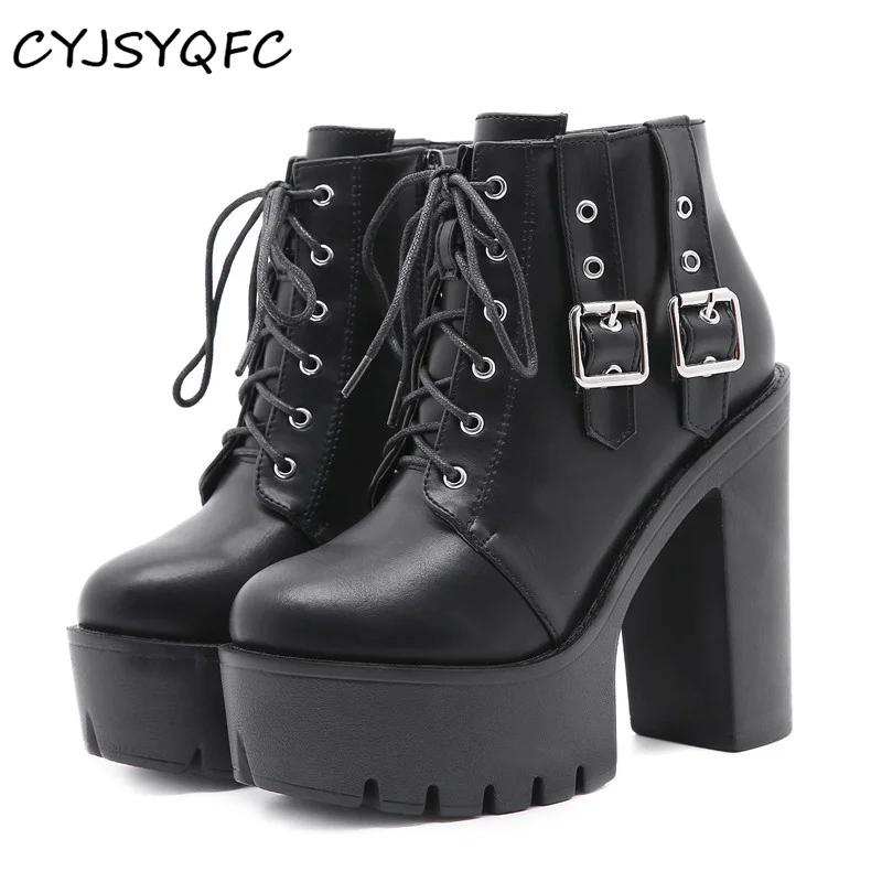 

Spring Autumn Women Boots Platform Square Heels Fashion Buckle Black Gothic Chunky Ankle Boots Thick Bottom Comfortable Lace Up