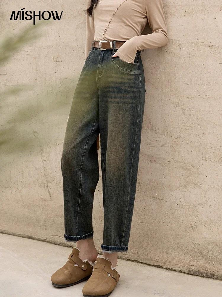 Джинсы MISHOW в стиле ретро с высокой талией зима 2024 корейские свободные