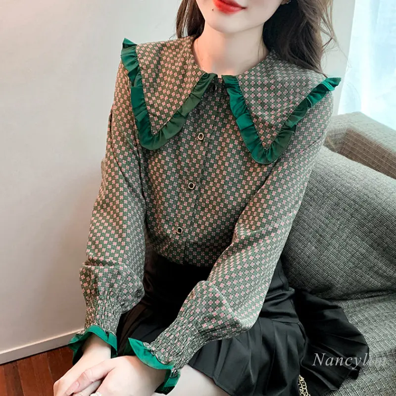 

Doll Collar Plaid Blosues Womens Spring and Autumn 2022 New Design Top European Style Beautiful Long Lantern Sleeve Shirt Blusa