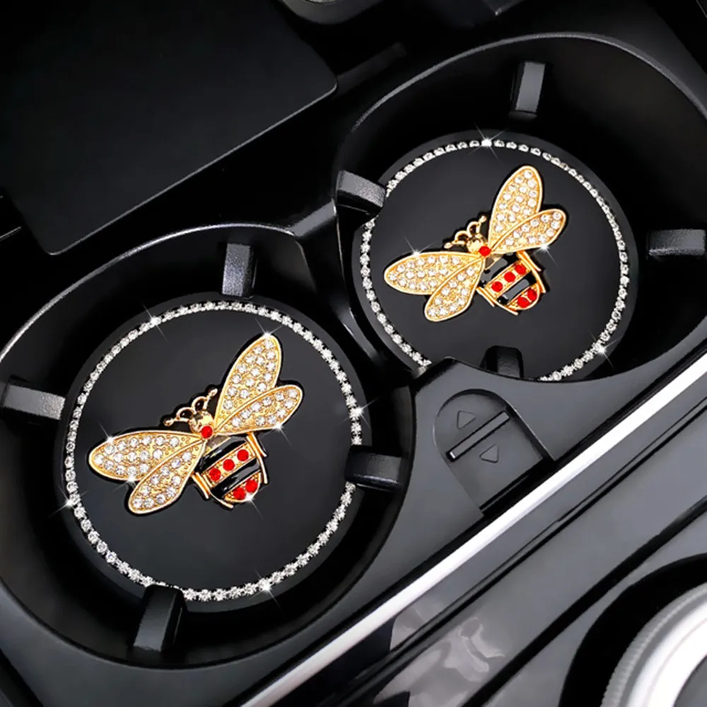 

2PCS Non-slip Car Water Cup Pad Diamond Rhinestone Rubber Mat Bee Coaster Auto Interior Anti-skid Cup Holders 7cm