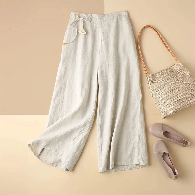 

Cotton Linen Pants Women's Retro White Hemp Wide-leg Pants Casual High Waist Drape Loose Trousers Clothing Summer Casual Pant