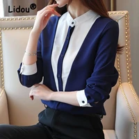 office lady fashion chiffon blouses top long sleeves splicing contrasting colors cardigan profession elegant blouse shirt women