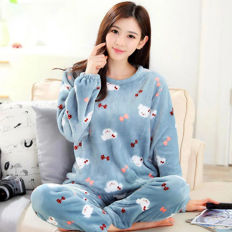 Lady Thermal Flannel Home Clothing Pajama set &Spring Winter Anti Cold Keep Warm Women  Coral Stitch Fleece Pajamas Set of Sleep