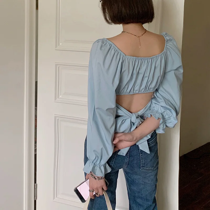 

2022 Fashion Long-sleeved Y2k Solid Color Design Back Slim Casual Top With Bow Top Women Spring New Korean Version Of T-shirt