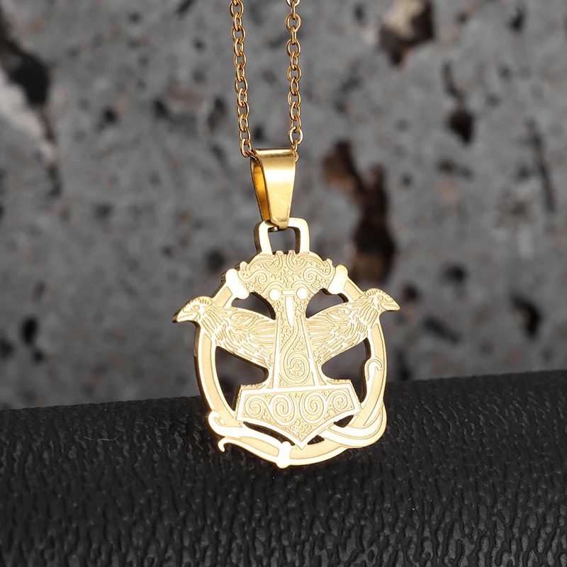 

Stainless Steel Crow Thor's Hammer Pendant Necklace for Men and Women Trendy Hip Hop Good Luck Party Jewelry