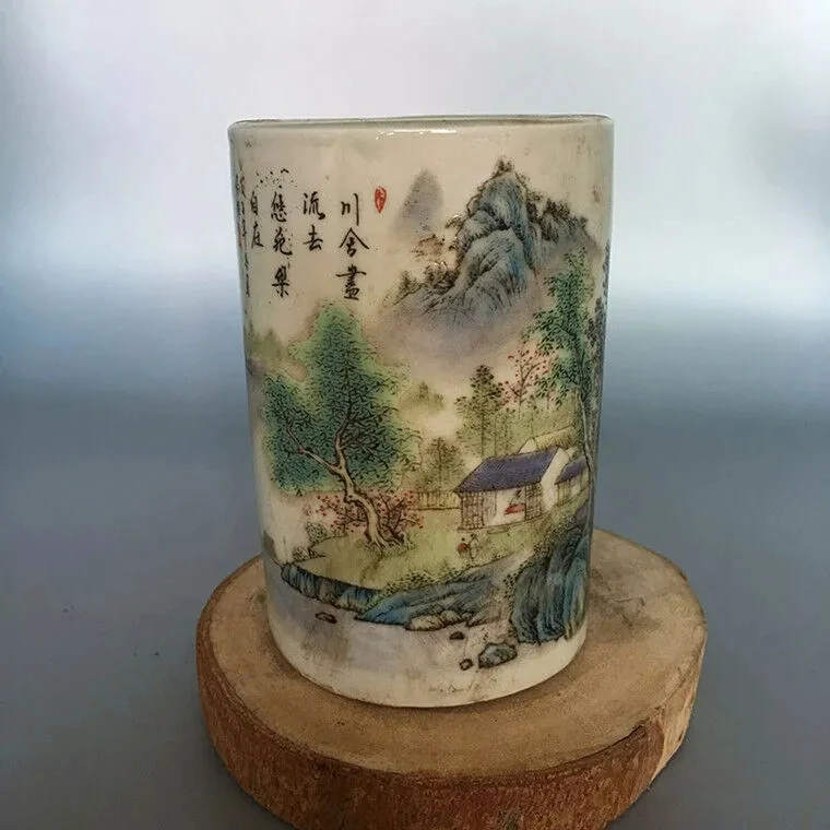 

CHINESE OLD MARKED FAMILLE ROSE COLORED LANDSCAPE PATTERN PORCELAIN BRUSH POT