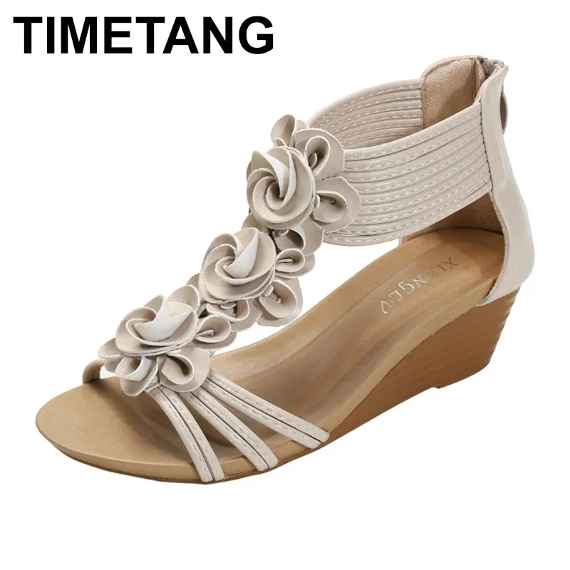 

summer woman sandals PU Slip On ZIP Wedges Flowers Comfy Soft Ladies Sandals women shoes sandalias mujer 2023 size 36-42 black