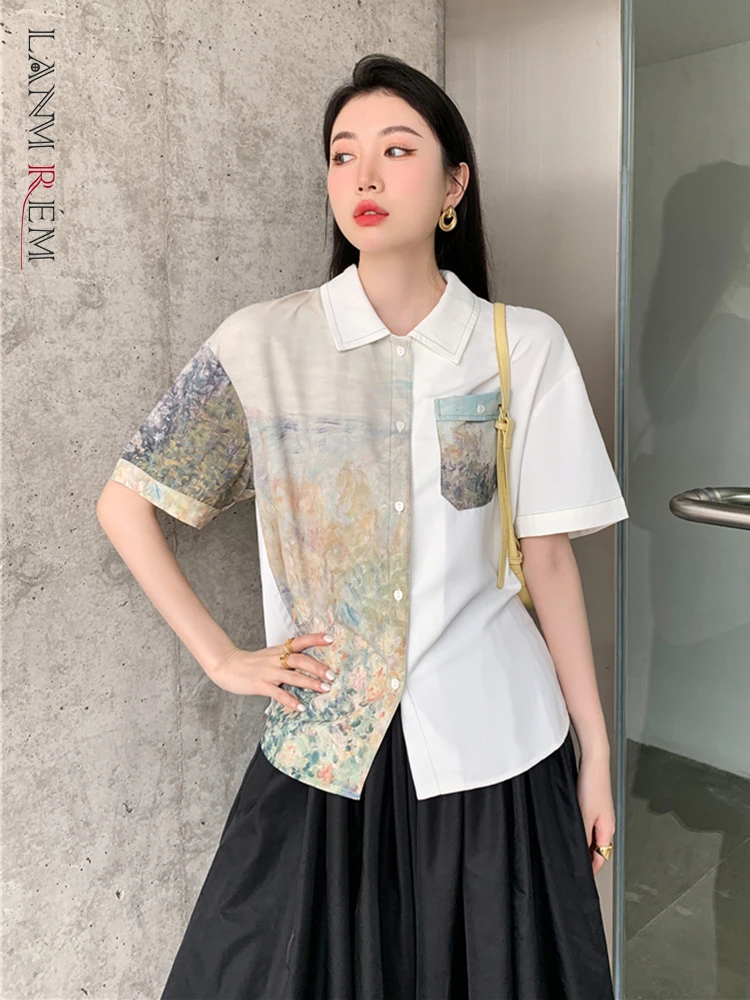 

LANMREM Floral Print Patchwork Shirt For Women Short Sleeve Single Breasted Loose Lapel Female Fashion Top 2022 Summer 2I678