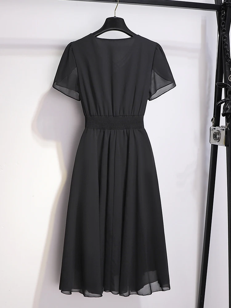 Новое китайское черное шифоновое платье с v-образным вырезом и завязкой на талии