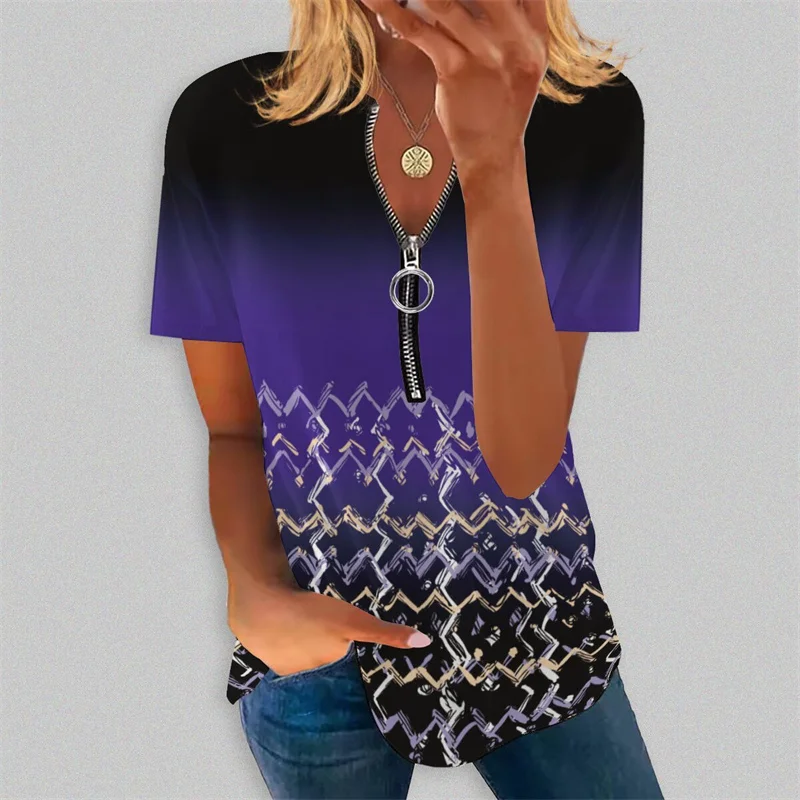 

Vintage Geometry Print Tees Women Ethnic Style Elegant Zipper V Neck Short Sleeve T-Shirt Female Summer Commuter Casual Tops 5XL
