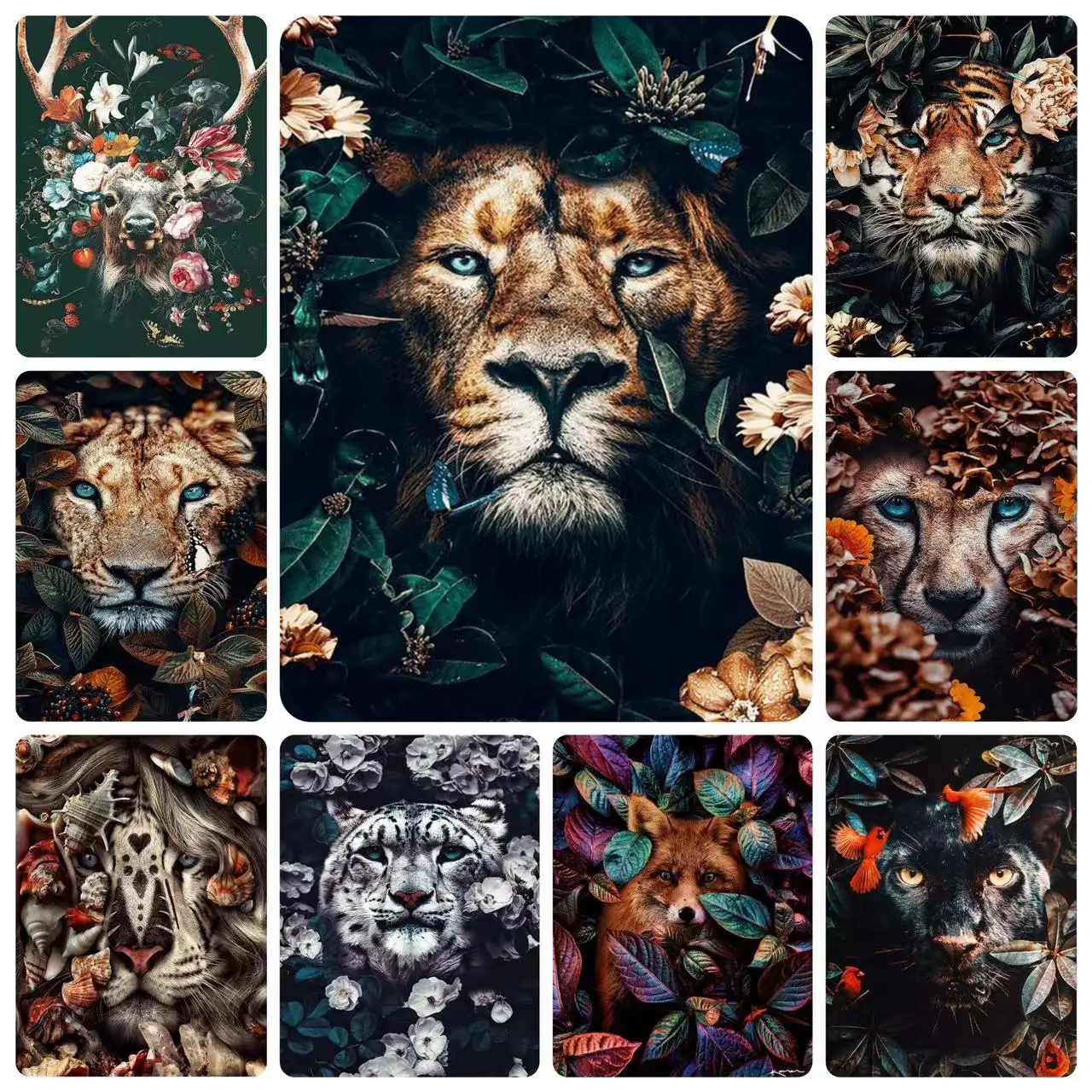 

Tiger Lion Face& Flowers Diamond Mosaic Cross Stitch Embroidery Kit 5D Diy Animals Diamond Painting Rhinestone Home Decor Gifts