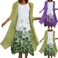 2 pcsset women coat dress set solid color coat cardigan sleeveless dress flower print women clothes set female clothes