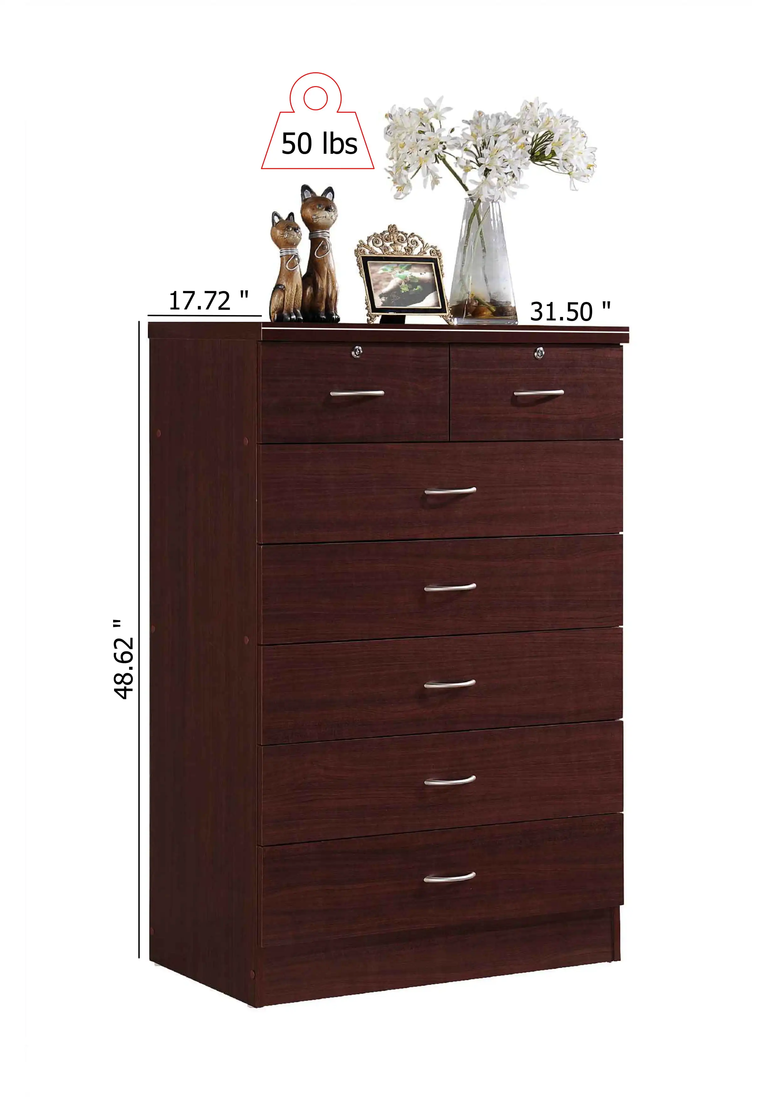 

Hodedah 7 Drawer Dresser with Two Locks, White