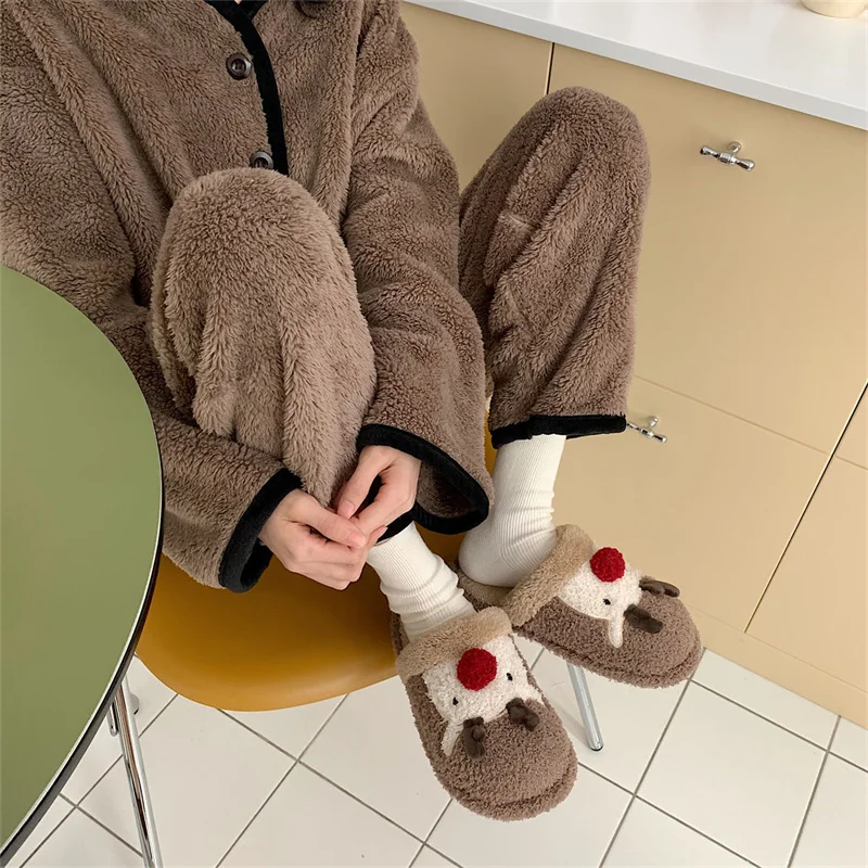 Winter Cartoon Elk Cotton Slippers Design Slip-On Women Soft Sole Warm Plush Ladies' Slides Indoor Cute Gift Memory Foam Shoes