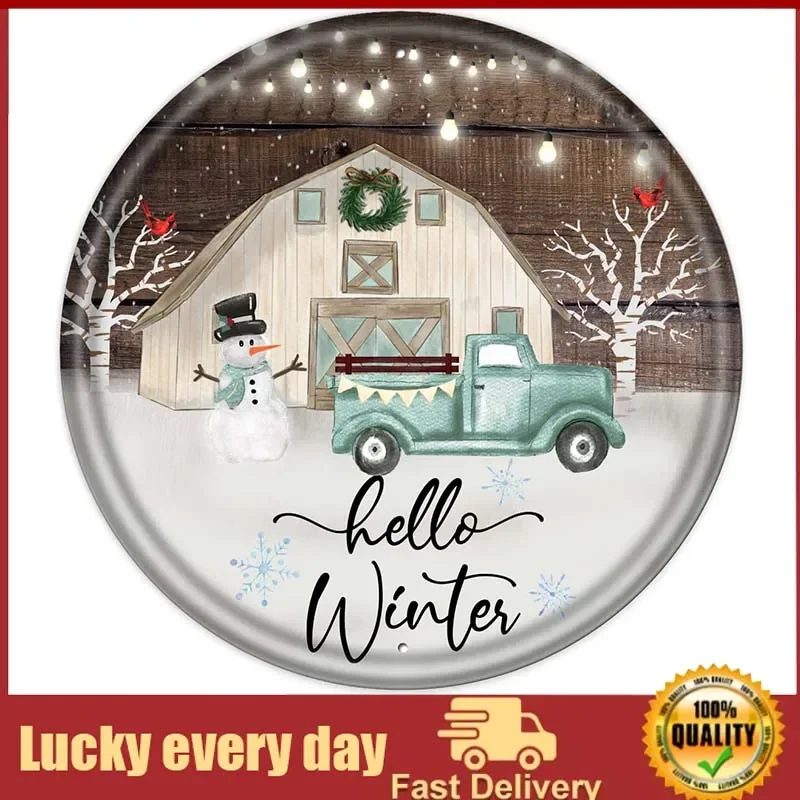

Настенный декор, круглый металлический жестяной знак Hello Winter Sign Snowman Barn Truck Sign, праздничный знак, жестяной знак, художественный Металлический Настенный декор