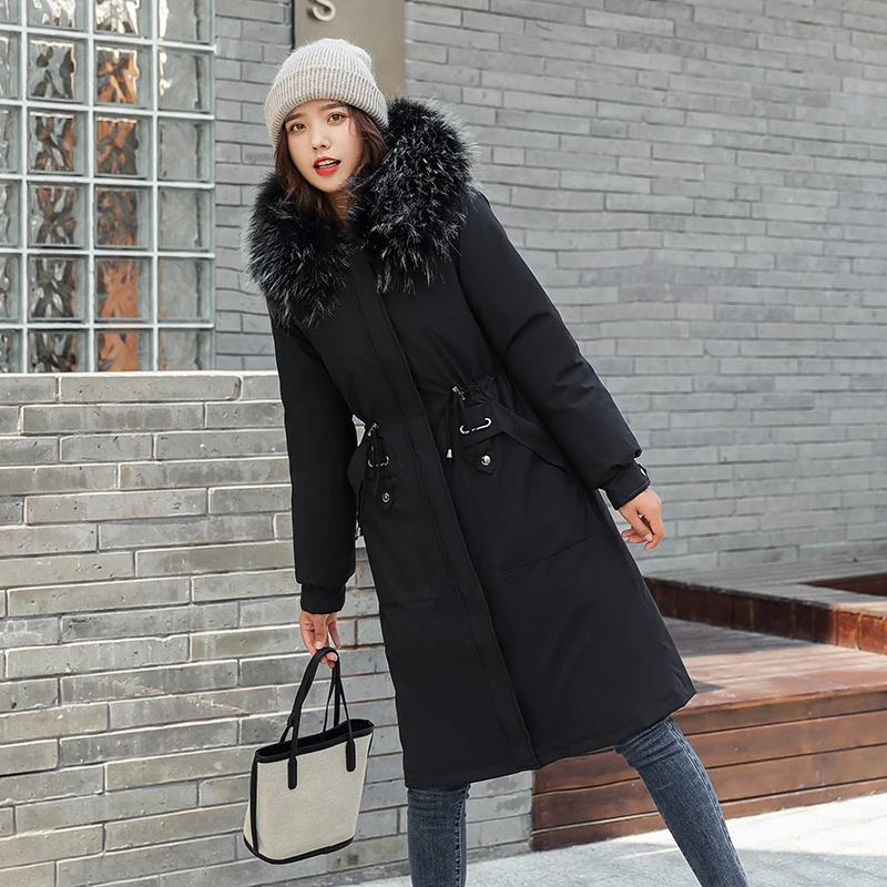 Fur Collar Women Long Parkas Hooded Pockets Padded Coat Ladies Casual Outerwear  Overcaot Winter Jacket for Female