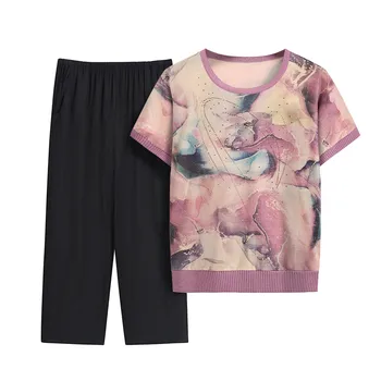 Set Middle-aged Elderly Mothers Two-piece Top + Pants Women's Summer Clothes Floral Shirt Grandma Loose Female Old Lady Suit 1