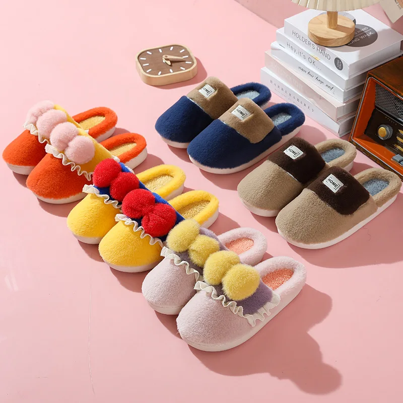 Cotton Slippers Female Male Autumn Winter Shoes Cute Bow Couples Home Indoor Slides Non-slip Warm Plush Ladies Cartoon Slipper