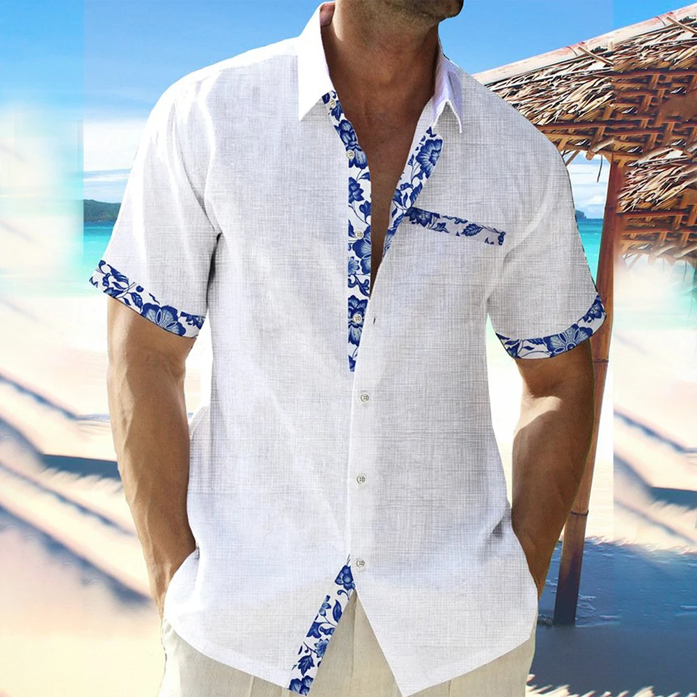 2023 Summer Fashion Men's Hawaiian Linen Shirt Men's Casual Lace Printed Beach Pocket Short Sleeve Plus Size Button Down Tee Top