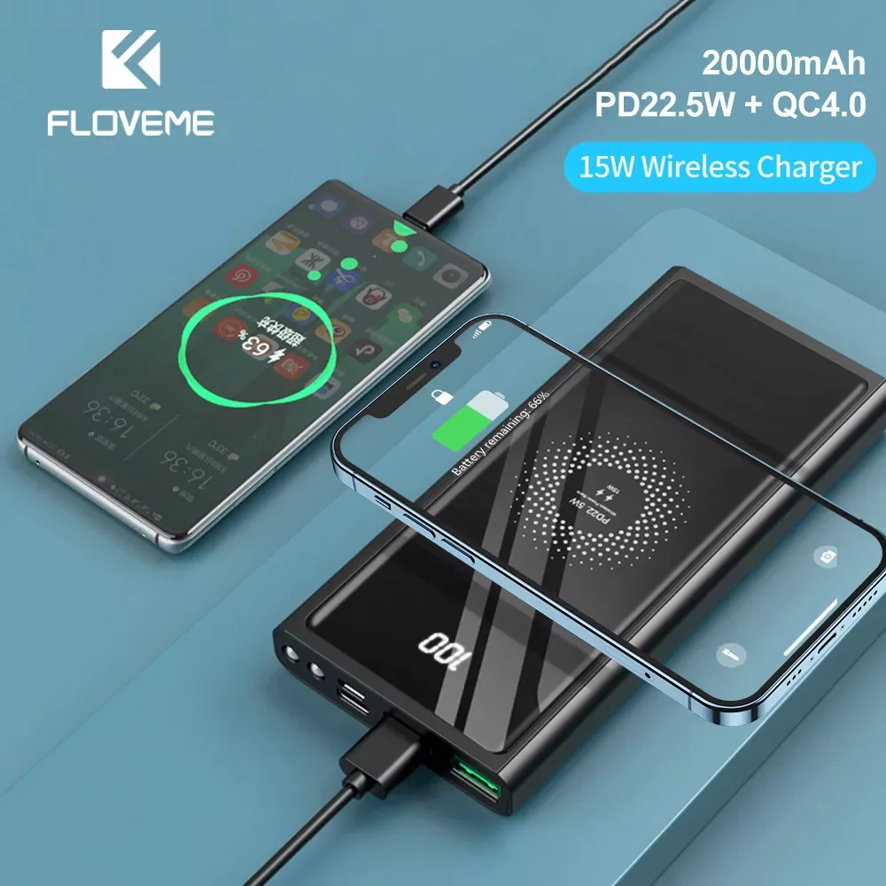 

NEW FLOVEME 20000mAh Power Bank PD22.5W Fast Charging USB Type C Portable Extrenal Battery Charger 15W Wireless Charger Power Ba