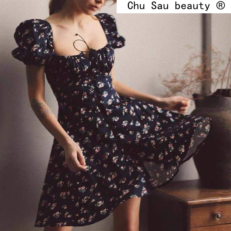 

Платье-мини женское с цветочным принтом, модное повседневное однобортное стильное праздничное платье с пышными рукавами, лето