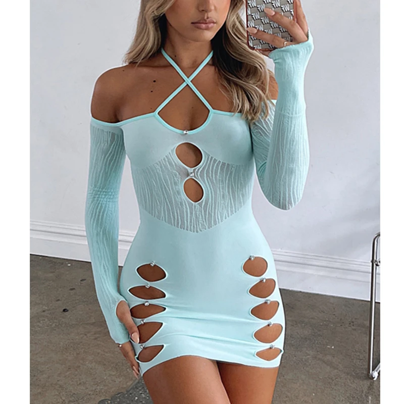

Summer Cross Halter Backless Bandage Bodycon Dress Women Print Mesh Patchwork Hollow Stretch Tight Mini Vestidos Club Streetwear
