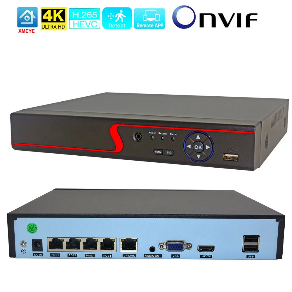 Фото Сетевой видеорегистратор 4K IP POE, 4-канальный CCTV POE NVR Xmeye, поддержка Onvif P2P для 8-мегапиксельной 5-мегапиксельной 1080P 720P IP-камеры наблюдения POE №1