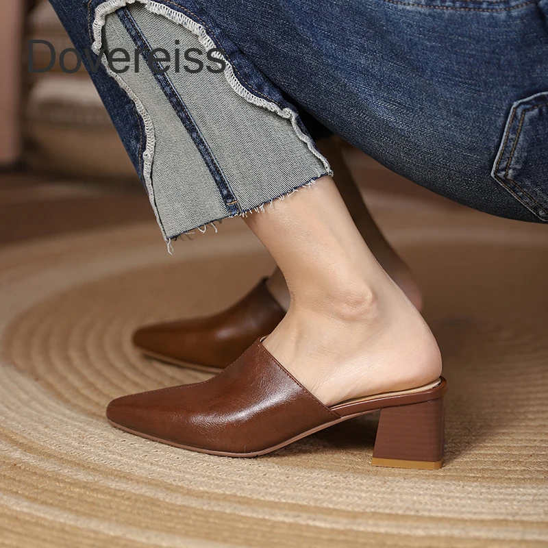

2022 Summer Genuine Leather Woman Brown 4CM Block Heels Slippers Fashion Sexy New Pure Color Apricot Party Shoes Consice 33 40