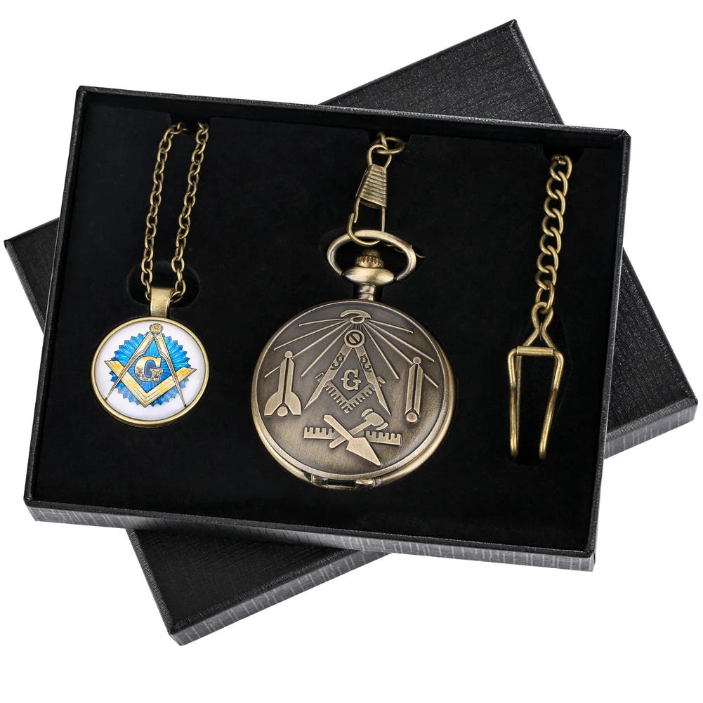 2022 Freemasonry Chrome Square and Compass Quartz Pocket Watches Masonic Themed Waist Chain Pendant Watch Gifts Sets Box for Men