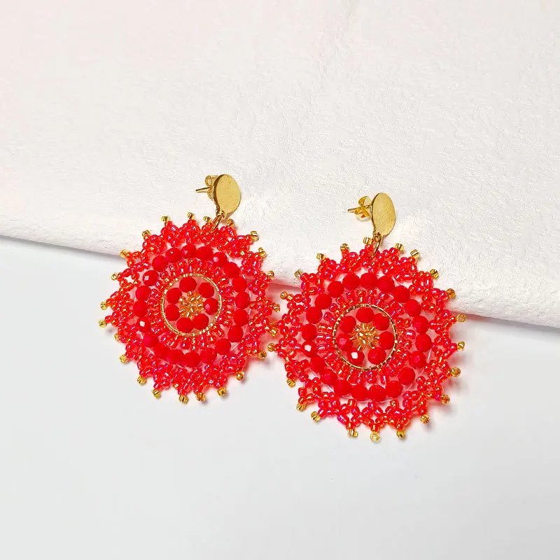 Серьги из бисера с красным подсолнухом ручная вязка